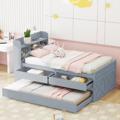 Lit Gigogne 90×190 cm, Lit Simple avec 2 Tiroirs, USB et Tablette de Rangement, sans Matelas, en Bois Massif, Gris