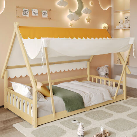 Lit Cabane 90×190 cm, Lit Simple avec Tente Amovible, Barrières de Sécurité et Lattes, sans Matelas, Bois Massif, Naturel