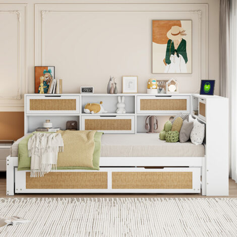 Lit Gigogne 90×200 cm, Lit Simple avec USB, Prises et Rangement, sans Matelas, en Bois, Blanc