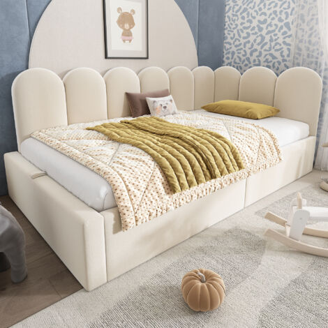 Lit Banquette 90×190 cm, Lit Simple avec Coffre Hydraulique et Tête de Lit, sans Matelas, Velours, Beige
