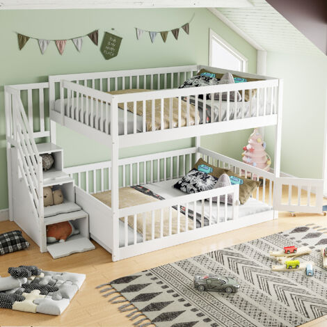 Lit Superposé 140×200 cm, Lit Double avec Escalier de Rangement et Barrières, sans Matelas, en Bois, Blanc