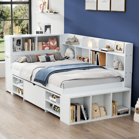 Lit Enfant 90×200 cm, Lit Simple avec Tiroirs et Étagères, sans Matelas, en Contreplaqué, Blanc