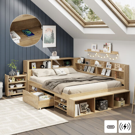 Lit Banquette 140×200 cm, Lit Double avec Étagères, Armoire de Rangement et Chargeur sans Fil, sans Matelas, Bois Naturel (1/5)