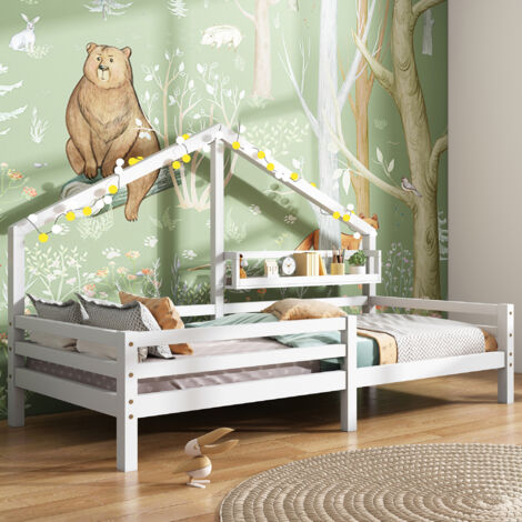 Lit Cabane 90×200 cm, Lit Simple avec Étagère et Barrière de Sécurité, sans Matelas, en Pin, Blanc