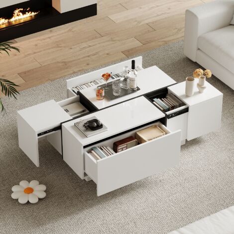 Table Basse Carrée avec 4 Tiroirs et Plateau Coulissant, Finition Brillante, pour Salon, 100 × 60 × 40 cm, Blanc (1/5)