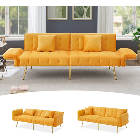Canapé Convertible 2 Places en Velours, avec Dossiers, Accoudoirs Réglables et Coussins, Jaune (1/5)