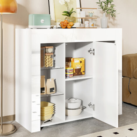 Buffet et Enfilade Brillant avec 1 Porte et Étagères en Verre, pour Salon ou Cuisine, en Panneaux de Particules, Blanc, 95 × 35 × 83 cm (1/5)