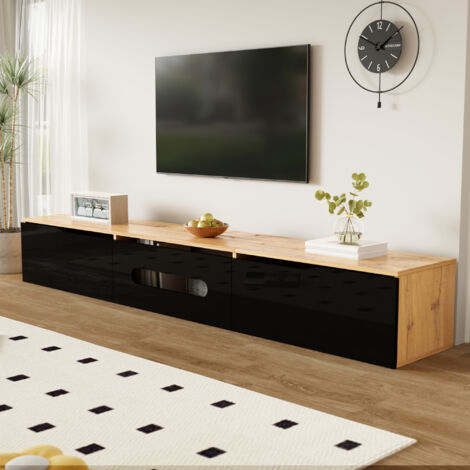 Meuble TV avec 3 Portes et LED, Montage au Sol ou Mural, Style Moderne, pour Salon, MDF, Noir et Bois, 180 x 35 x 30 cm
