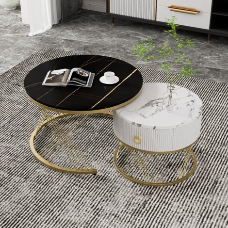 Tables Basses Gigognes Effet Marbre avec 1 Tiroir et Pieds Réglables, pour Salon, MDF, Noir (1/5)