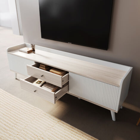 Meuble TV avec 2 Portes Coulissantes, 2 Tiroirs et 2 Étagères, pour Salon, Blanc, 160×40×58 cm (1/5)