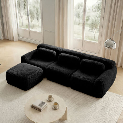 Canapé d'Angle Modulable 3 Places en Peluche, avec Assise Profonde, Pouf Rembourré et Coussins, sans Montage, Noir (1/5)