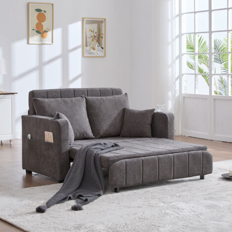 Canapé Convertible 2 Places en Chenille, avec Fonction Lit, Design Compact, Poche de Rangement et 4 Coussins, Gris (1/5)