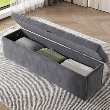 Banc de rangement en Velours avec Coffre, Sièges Rembourrés et Design Européen, Gris (1/4)