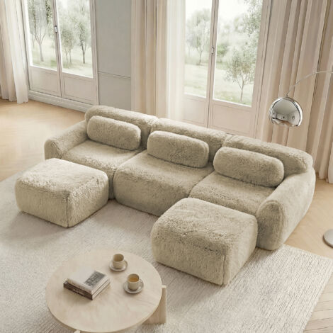 Canapé Panoramique en U Modulable en Peluche, avec Base Antidérapante et Coussins, sans Montage, Marron Clair (1/5)