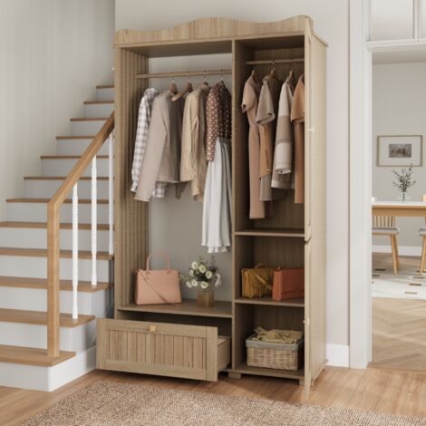 Armoire avec Tringle Ouverte, 2 Portes et 1 Tiroir, Miroir Intégré, pour Chambre ou Entrée, MDF, Chêne, 115.5 x 38.5 x 194.5 cm