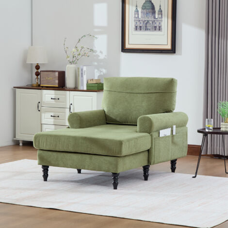 Fauteuil, Assise Large et Dossier Enveloppant avec Poches Latérales, Pieds en Bois Massif, Chenille Vert Olive