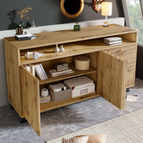Buffet Vintage avec 2 Portes 3 Tiroirs et Niche Ouverte Étagère Réglable pour Salon Entrée 120 x 40 x 85 cm (1/5)