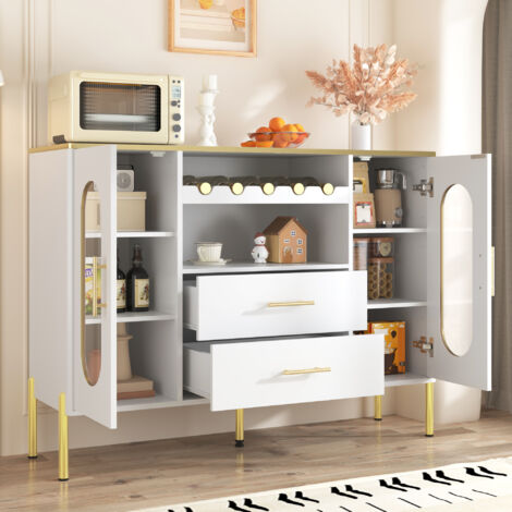 Buffet avec 2 Portes Vitrées, 2 Tiroirs et Casier à Vin, Pied Réglable, pour Salle à Manger, Blanc, 120 x 38 x 90 cm