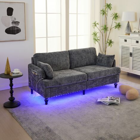 Canapé Droit 2 Places en Chenille, avec Port USB, Éclairage LED et Poche Latérale, Gris, 175 x 83 x 78 cm (1/3)
