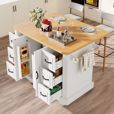 Desserte de Cuisine avec 6 Tiroirs, 2 Portes, Étagères Latérales et Roulettes, en MDF et Métal, Blanc, 120 × 45 (75.5) × 91 cm (1/5)