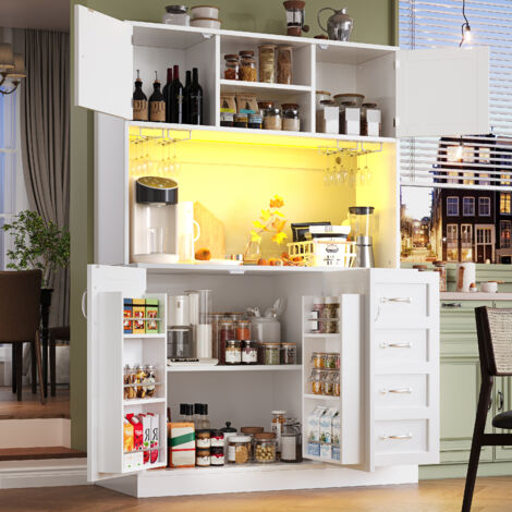 Buffet de Cuisine Haut avec 4 Portes et 2 Tiroirs, Éclairage LED, Porte-bouteilles, pour Cuisine, MDF, Blanc, 120×40×188 cm