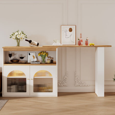 Table Haute et Meuble Bar avec Portes en Verre, Niche, Étagères Latérales, LED et Rotation à 360°, en MDF, Blanc, 138 (193) × 39 × 105 cm (1/5)