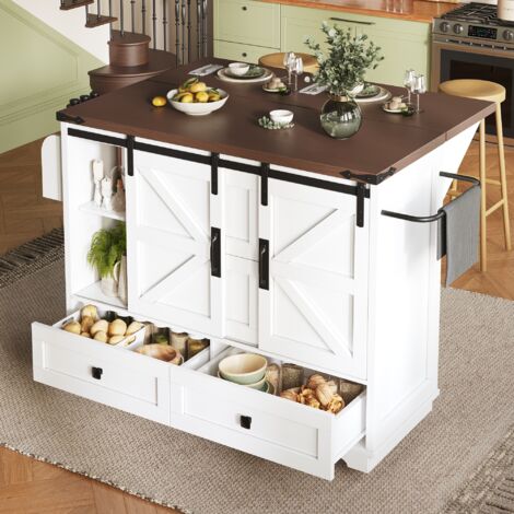 Desserte de cuisine avec portes coulissantes, plateau rabattable et étagères réglables, sur roulettes, MDF, Blanc (1/5)