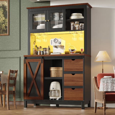 Buffet de Cuisine Haut avec Porte Coulissante en Verre et Étagères Réglables, LED, MDF Métal Verre, Noir 104×40×180 cm (1/5)