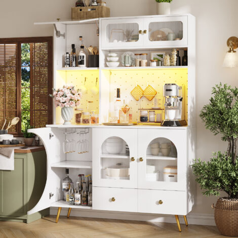 Buffet et Enfilade avec Tiroir, Casier à Vin Intégré, Niches Ouvertes, Prises USB et LED, en MDF et Verre, Blanc, 120 × 40 × 176 cm (1/5)