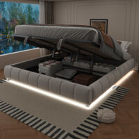 Lit Coffre 180×200 cm, Lit Double avec LED Blanche et Rangement Hydraulique, sans Matelas, en Tissu Beige