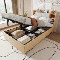 Lit Coffre 140Ă—200 cm, Lit Double avec Rangement Hydraulique, USB, Type C et Compartiments, sans Matelas, MDF, Bois Naturel