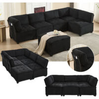 Canapé Modulable 6 Places en Velours Côtelé, avec Fonction Couchage et Poches Latérales, Configuration en U ou L, Noir