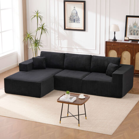 Canapé d'angle réversible avec méridienne, canapé modulairee dossier haute, canapé-lit à assise profonde sans assemblage, noir