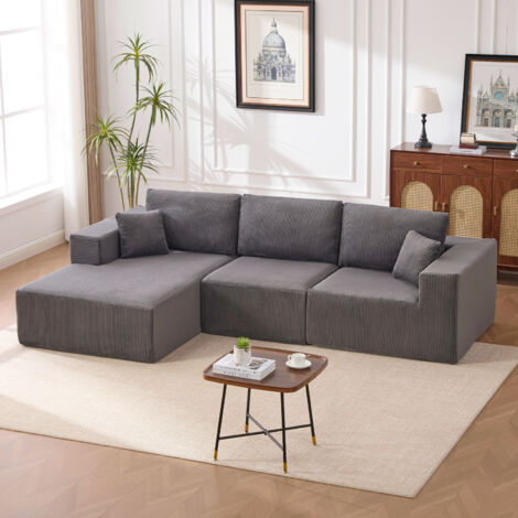 Canapé d'angle réversible avec méridienne, canapé modulairee dossier haute, canapé-lit à assise profonde sans assemblage, Gris