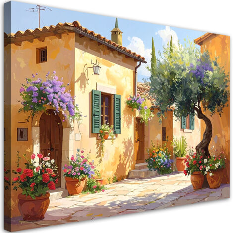 Quadro su tela, Toscana strade colorate case con fiori, 45x30