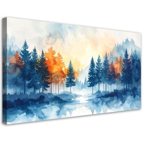 Quadro su tela, Foresta nebbiosa Acquerello Paesaggio Natura, 80x40 (1/5)