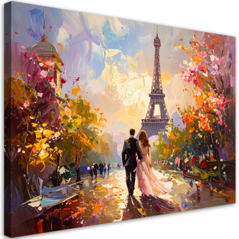 Quadro su tela, Coppia innamorata sullo sfondo della Torre Eiffel Parigi, 90x60 (1/5)