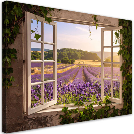 Quadro su tela, Vista dalla finestra Campo di lavanda Shabby Chic, 120x80
