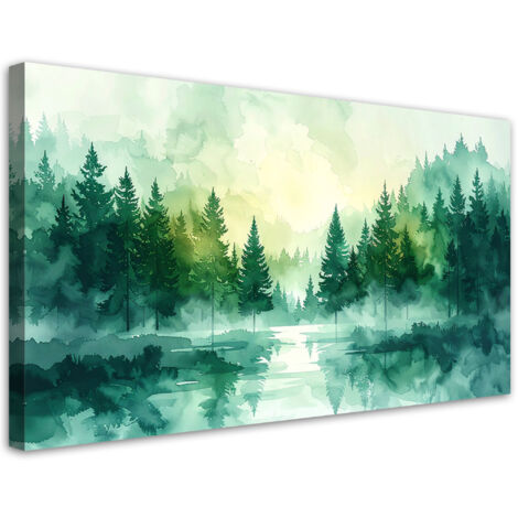 Quadro su tela, Foresta verde Paesaggio Natura in stile scandinavo Boho, 120x60 (1/5)