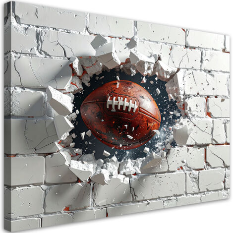 Quadro su tela, Pallone da rugby che sfonda un muro di mattoni, 100x70 (1/5)