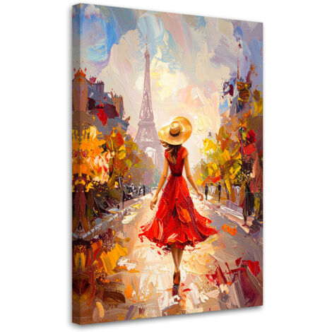 Stampe su Tela, Donna con abito rosso e cappello sullo sfondo della Torre Eiffel, 80x120 (1/5)