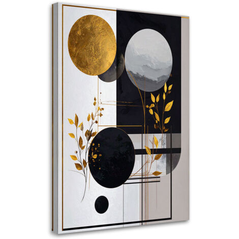 Quadro su tela, Astrazione nero-oro con cerchi e foglie, 60x90 (1/5)