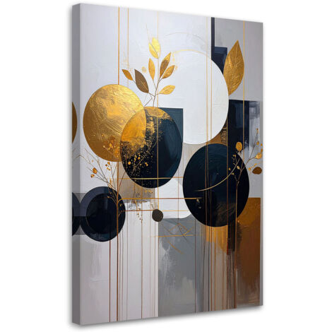 Quadro su tela, Astrazione cerchi e foglie beige dorato, 80x120