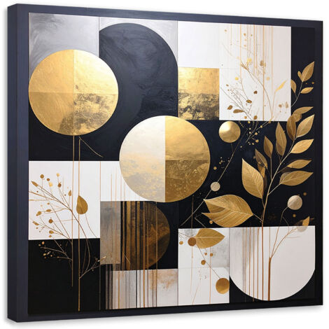 Stampe su Tela, Astrazione cerchi foglie nero e oro, 20x20 (1/5)