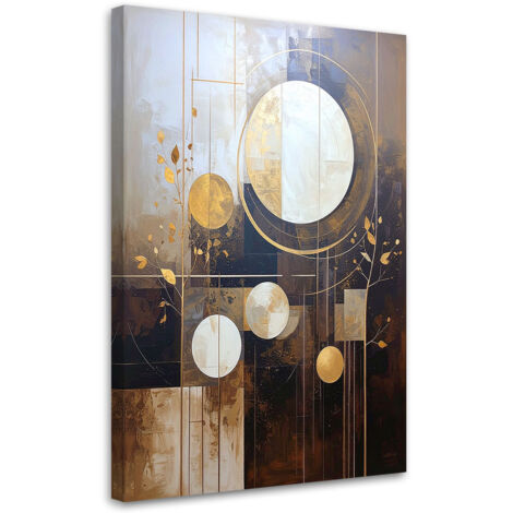 Quadro su tela, Astrazione marrone-beige con cerchi e foglie, 60x90 (1/5)