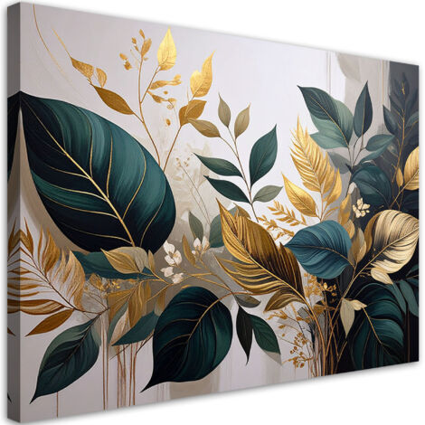 Stampe su Tela, Foglie di piante verde oro natura, 90x60