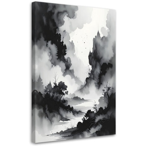Quadro su tela, Montagne e foresta nella nebbia Paesaggio minimalista, 20x30 (1/5)