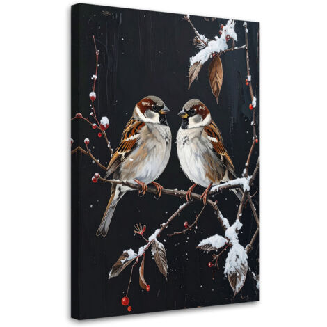 Quadro su tela, Passeri uccelli appollaiati su un ramo in inverno, 60x90 (1/5)