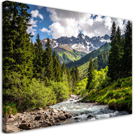 Quadro su tela, Paesaggio montagne bosco fiume natura, 30x20