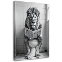 Quadro su tela, Leone divertente che legge il giornale nel bagno in bianco e nero, 30x45